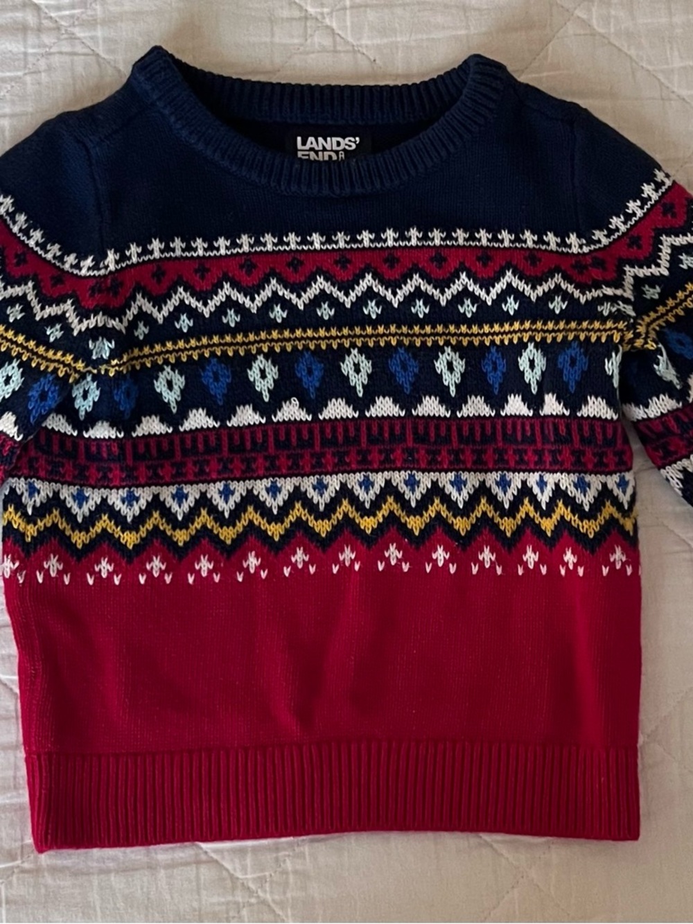 Lands' End Little Boy’s Crewneck Fair Isle Sweater - Navy, Red & Gold Accents